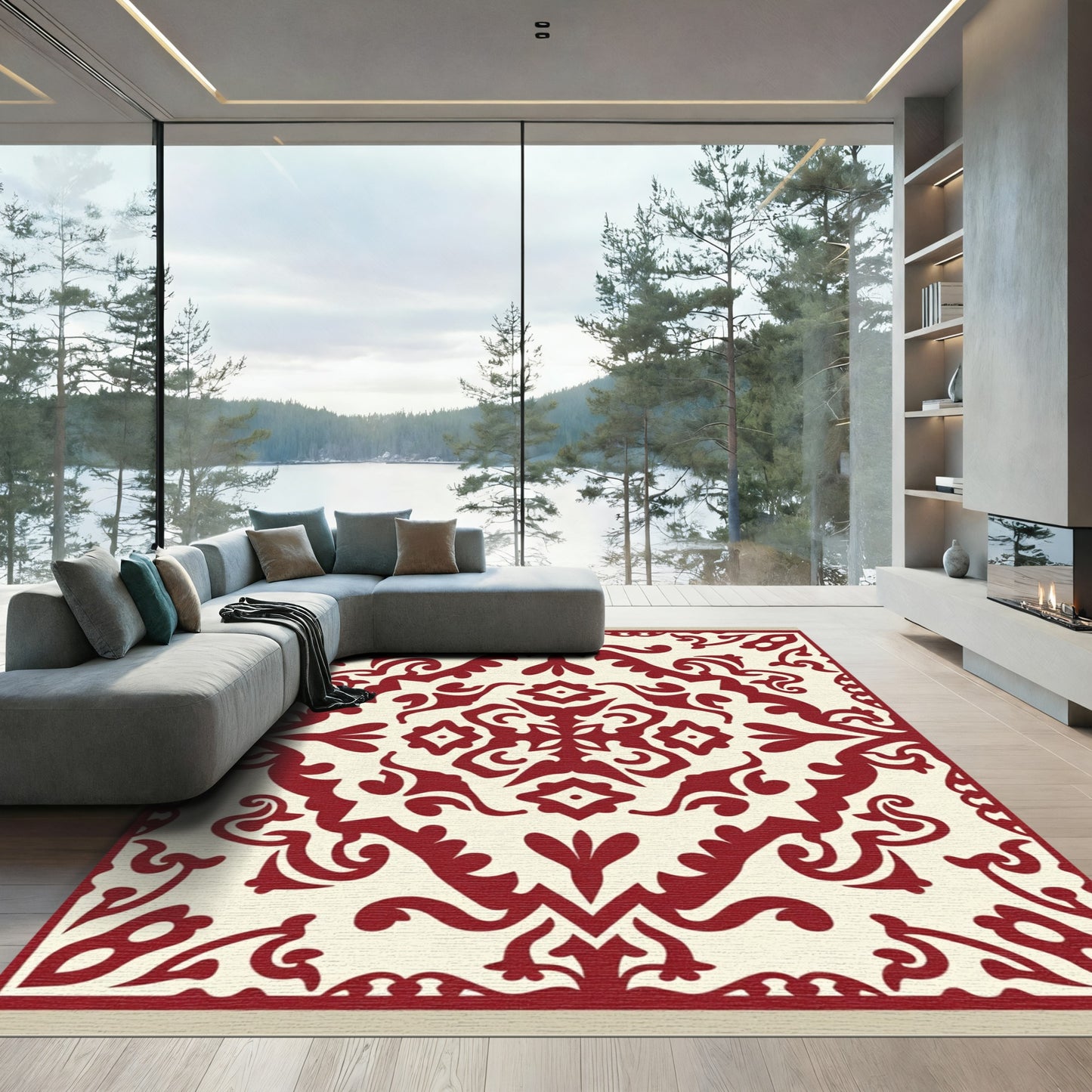 Crimson Ivory Damask Medallion Rug