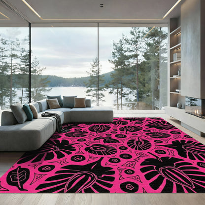 Vibrant Pink Black Floral Leaf Composition Rug