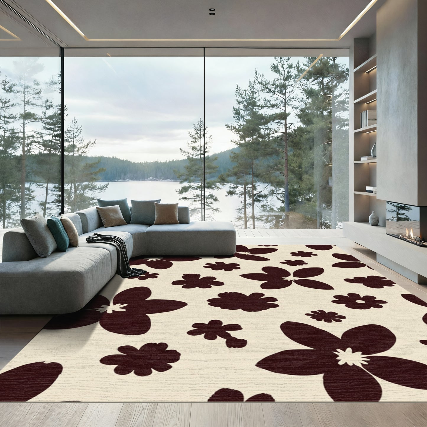 Dark Brown Abstract Floral Pattern Rug