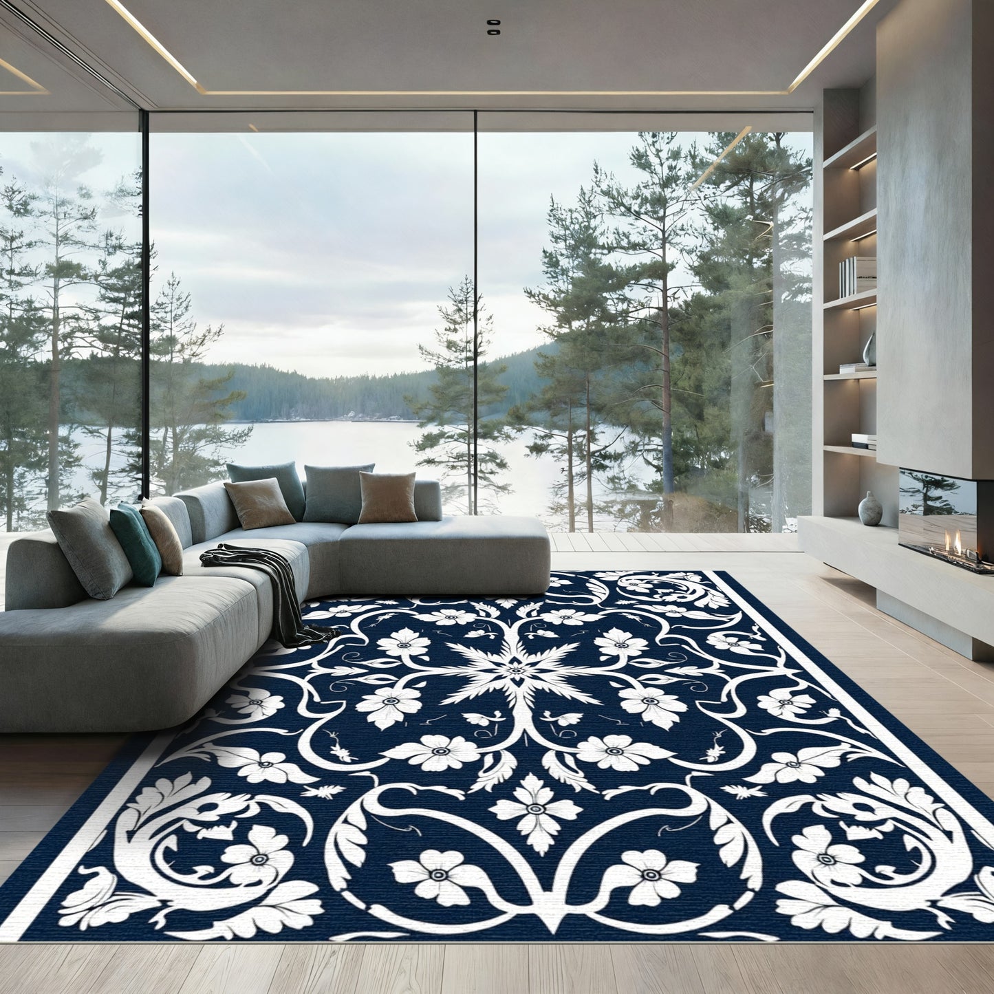 White Floral Scrollwork on Navy Canvas Rug