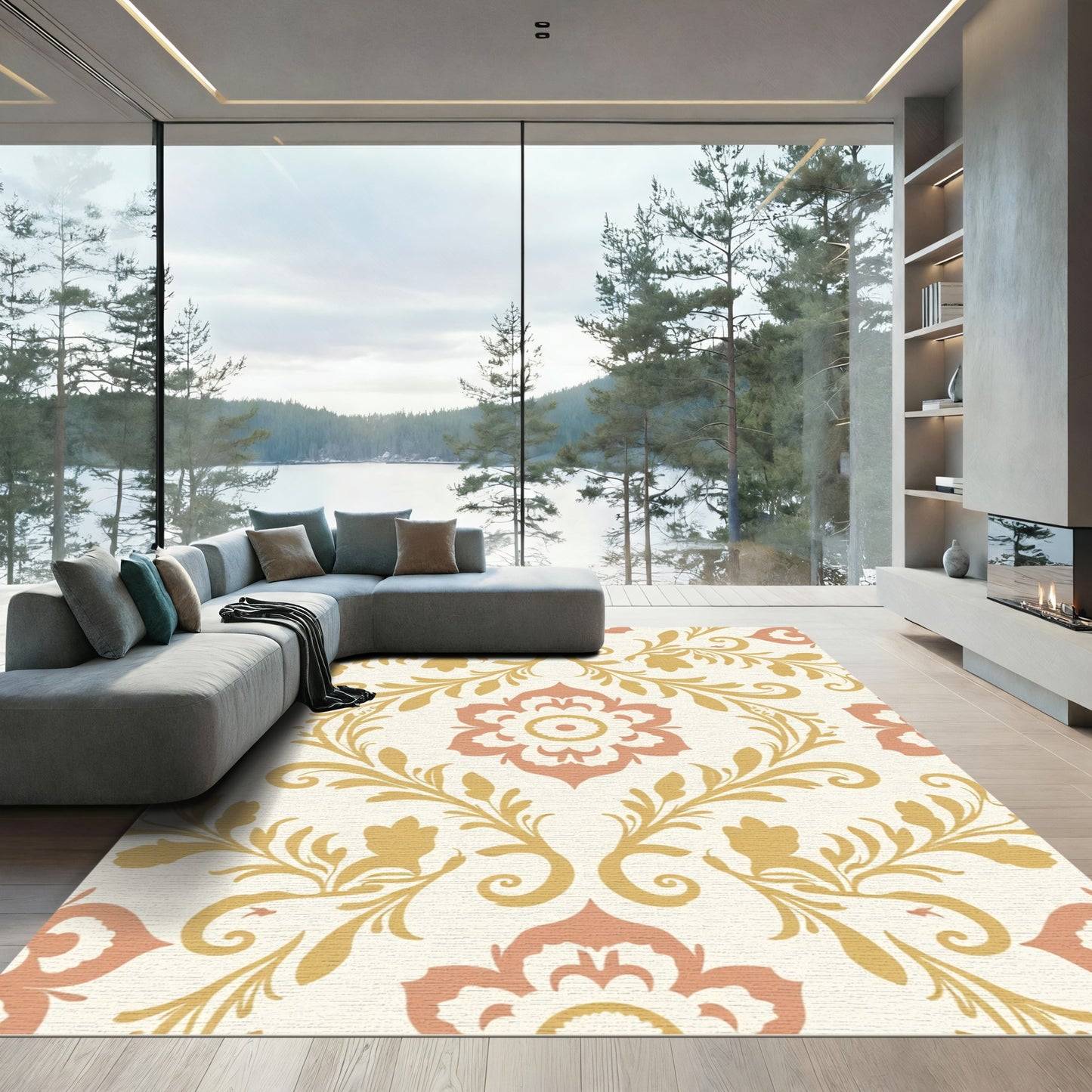 Coral Gold Floral Scroll Ornament Rug