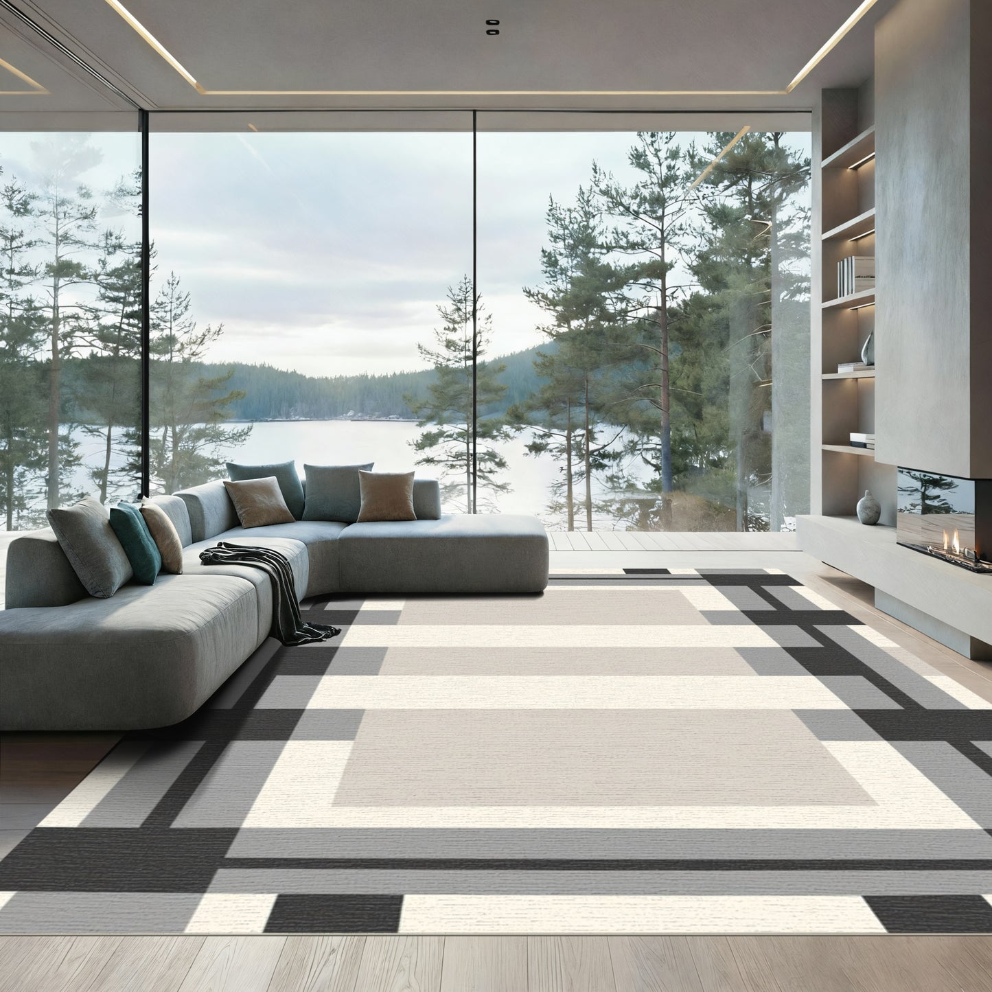 Modern Gray Plaid Geometric Rug