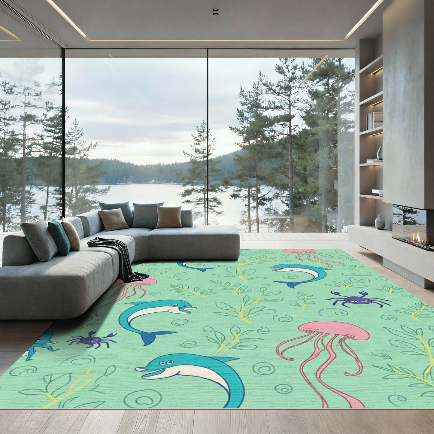Aqua Dolphins Jellyfish With Seaweed Rug