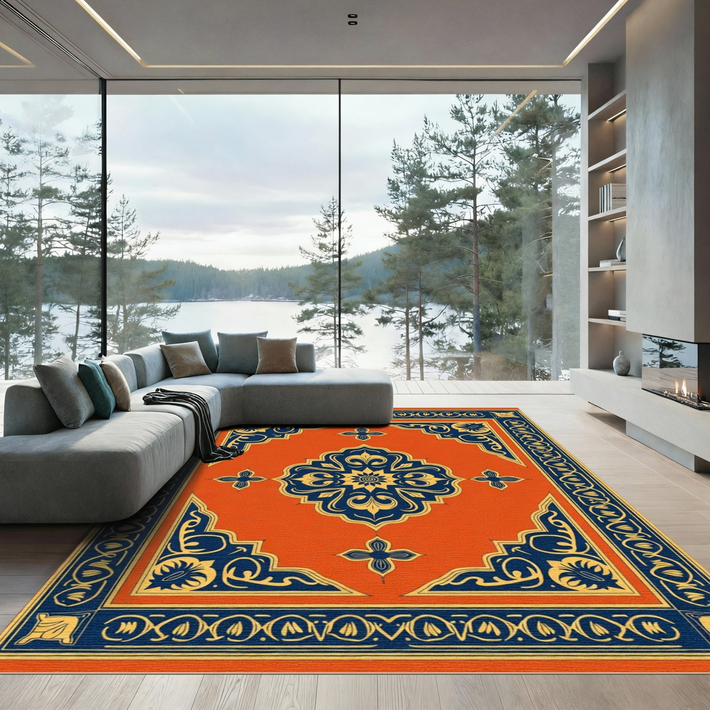 Ornate Orange and Navy Medallion Rug