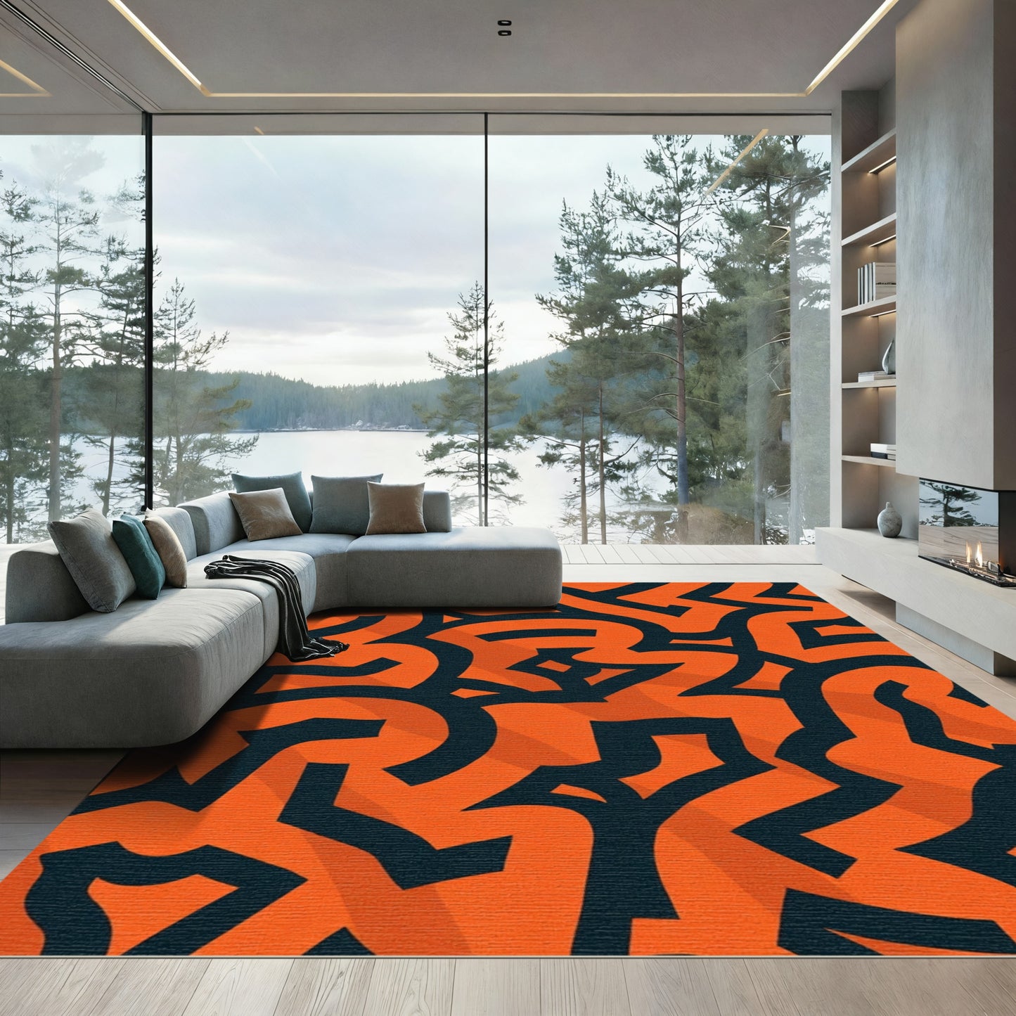 Bold Orange Abstract Interlocking Waves Rug