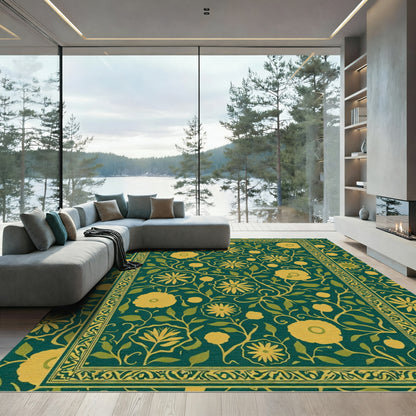 Golden Yellow Floral Vine Border Rug