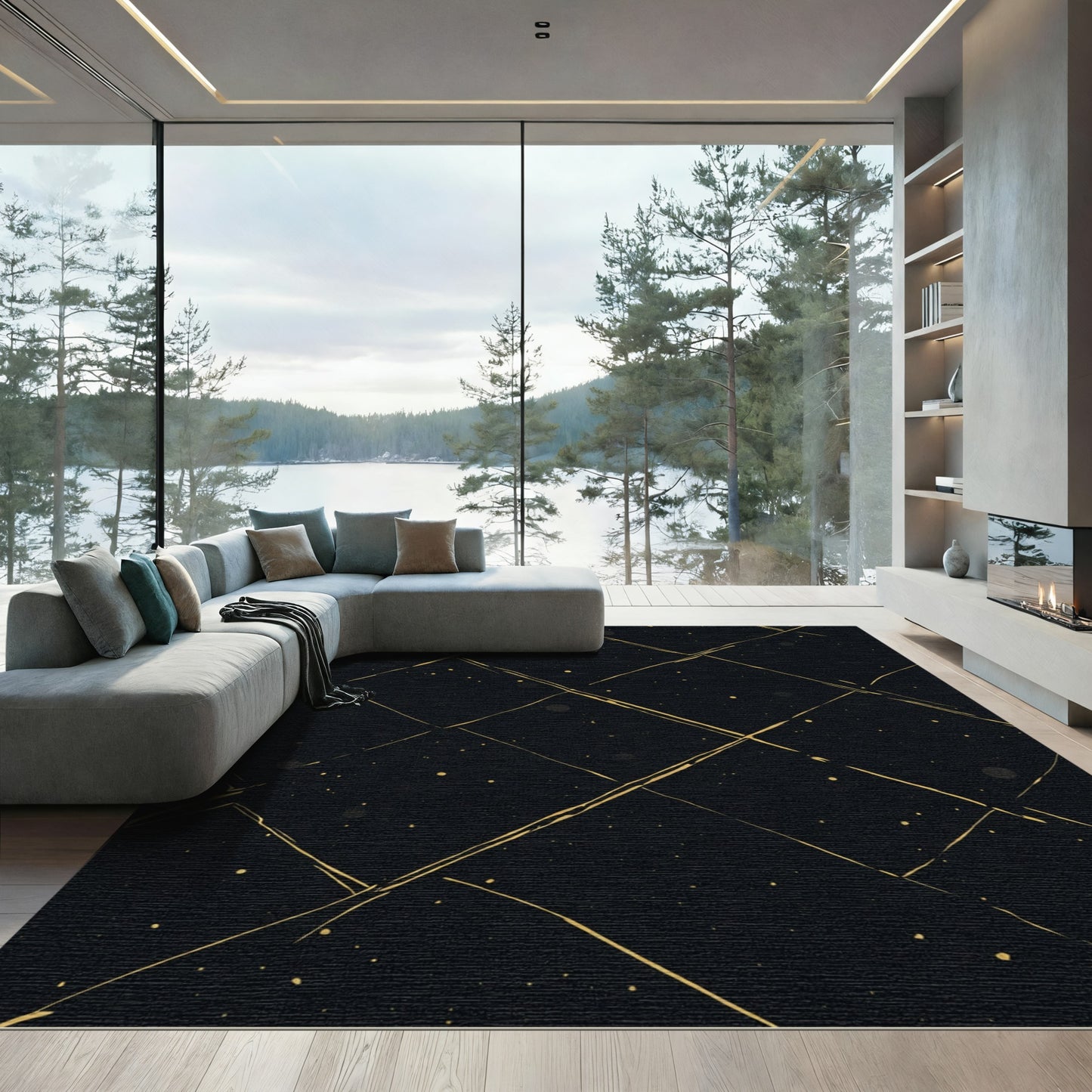 Golden Diagonal Grid Galaxy Splatter Rug