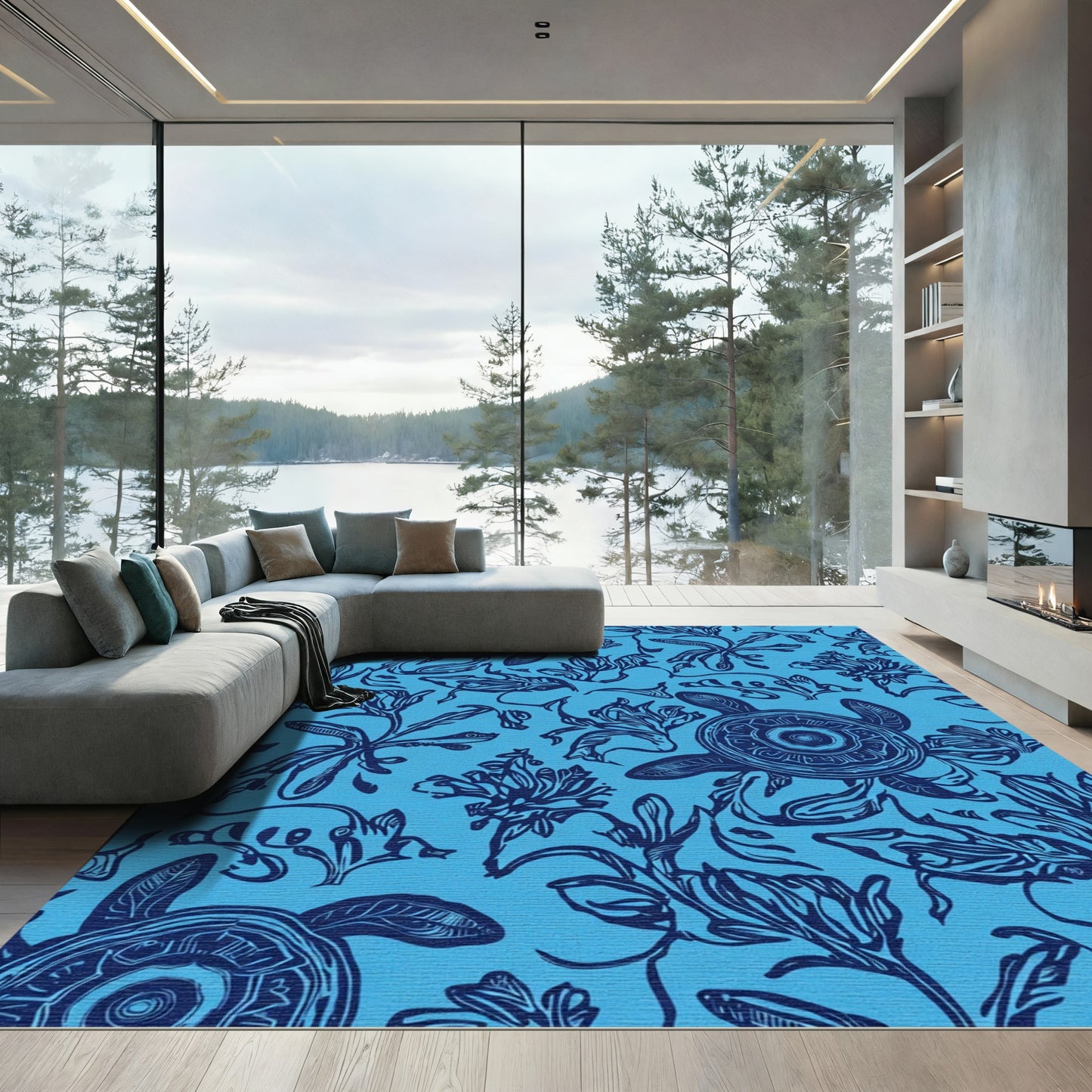Ocean Blue Turtle Floral Illustration Rug