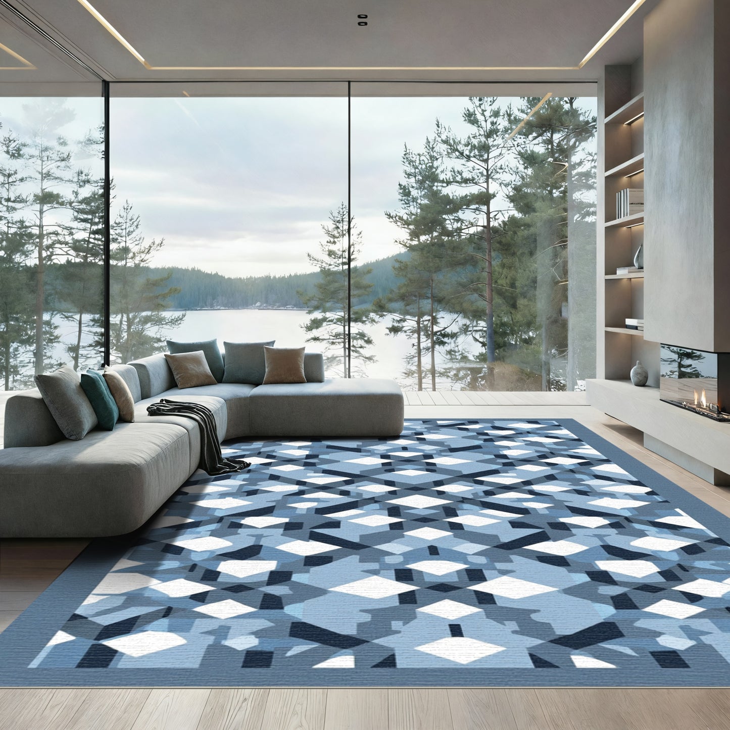 Deep Blue Geometric Interlocking Diamond Rug