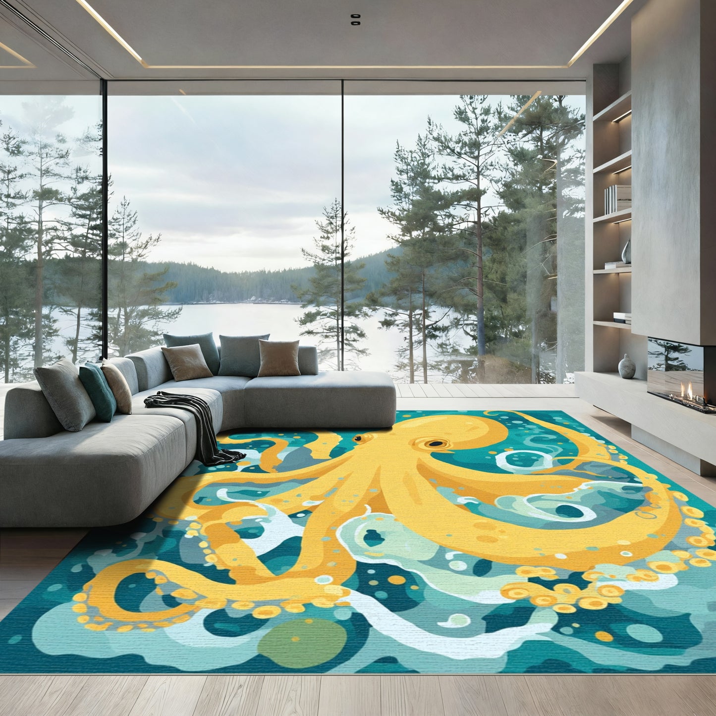 Yellow Octopus In Deep Teal Waters Rug