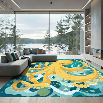 Yellow Octopus In Deep Teal Waters Rug