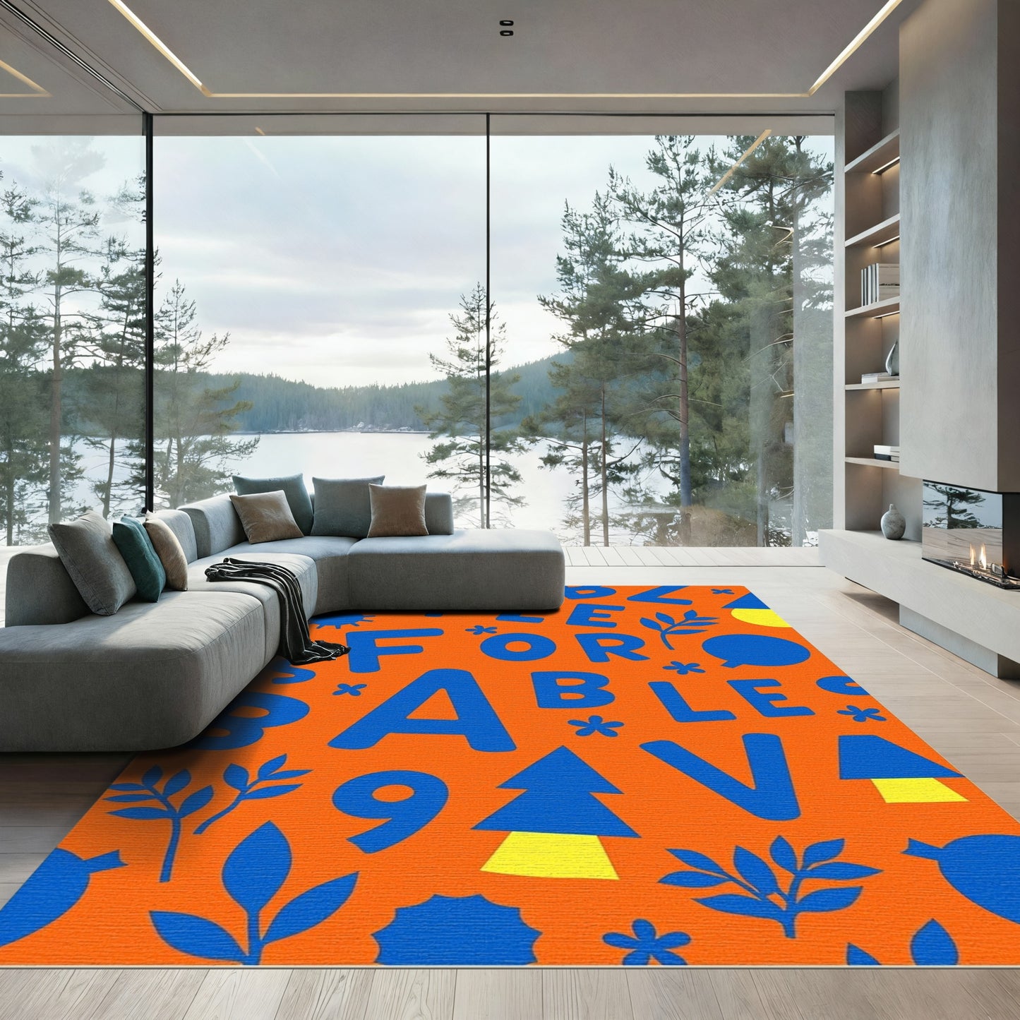 Playful Blue Letters Orange Background Rug