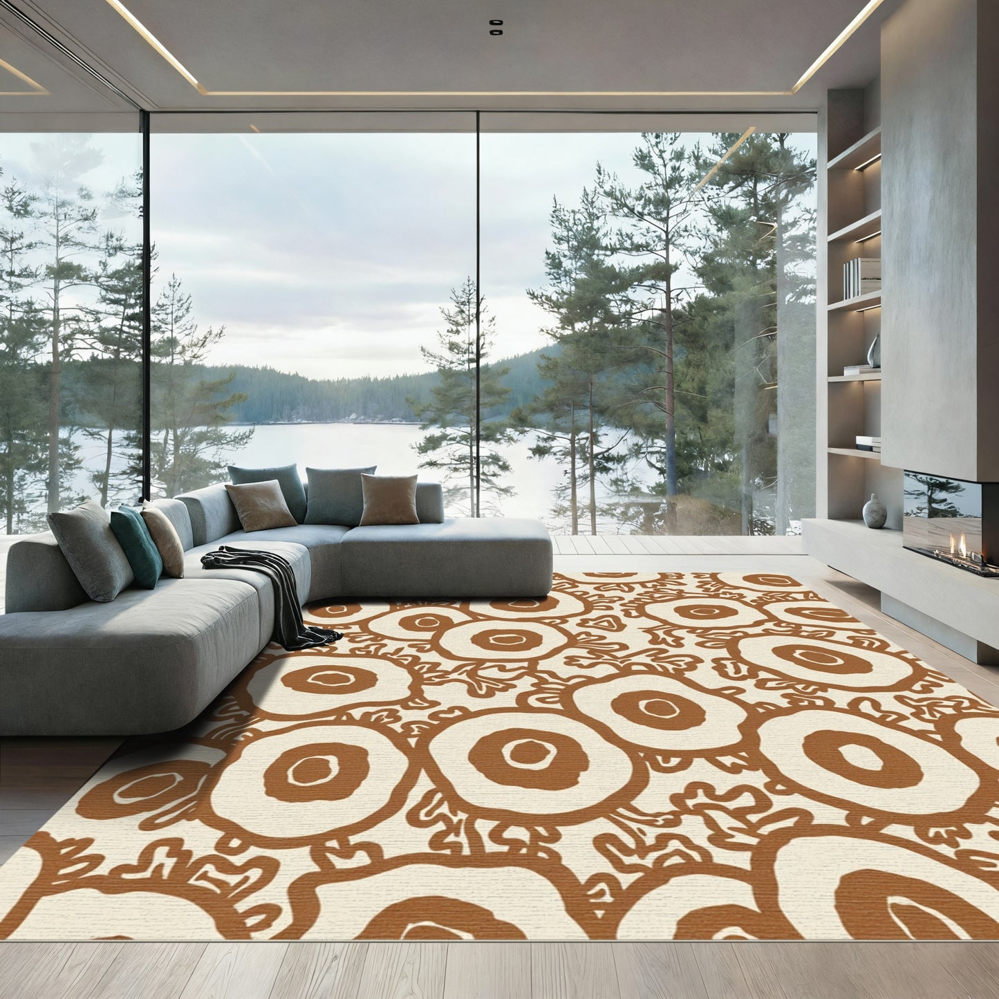 Earthy Brown Abstract Floral Circles Rug
