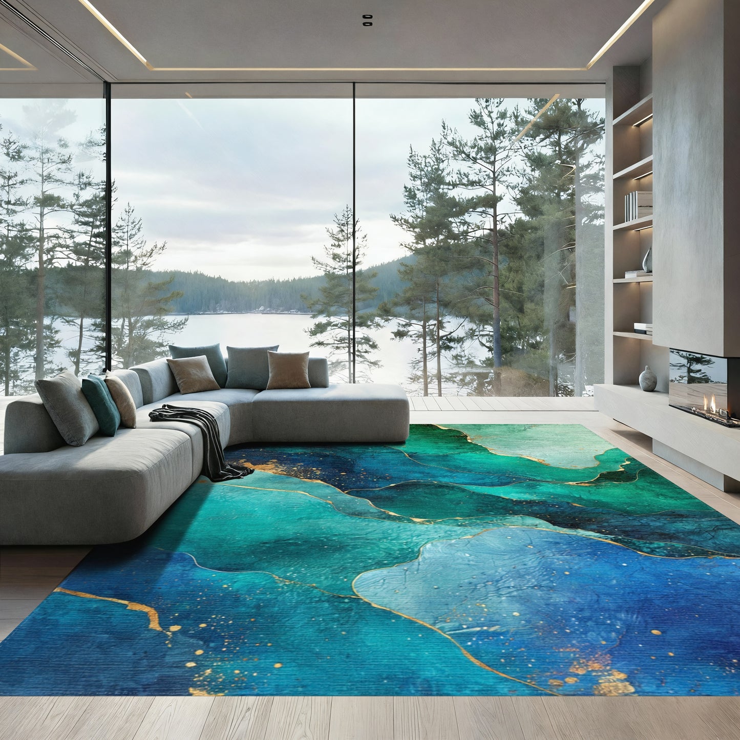 Swirling Teal Gold Fluid Rug