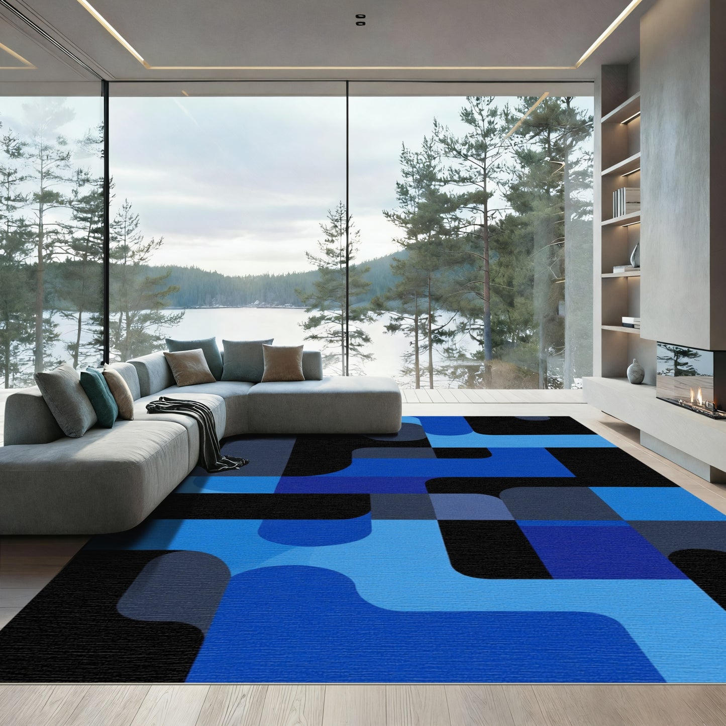 Deep Blue Abstract Geometric Flow Rug