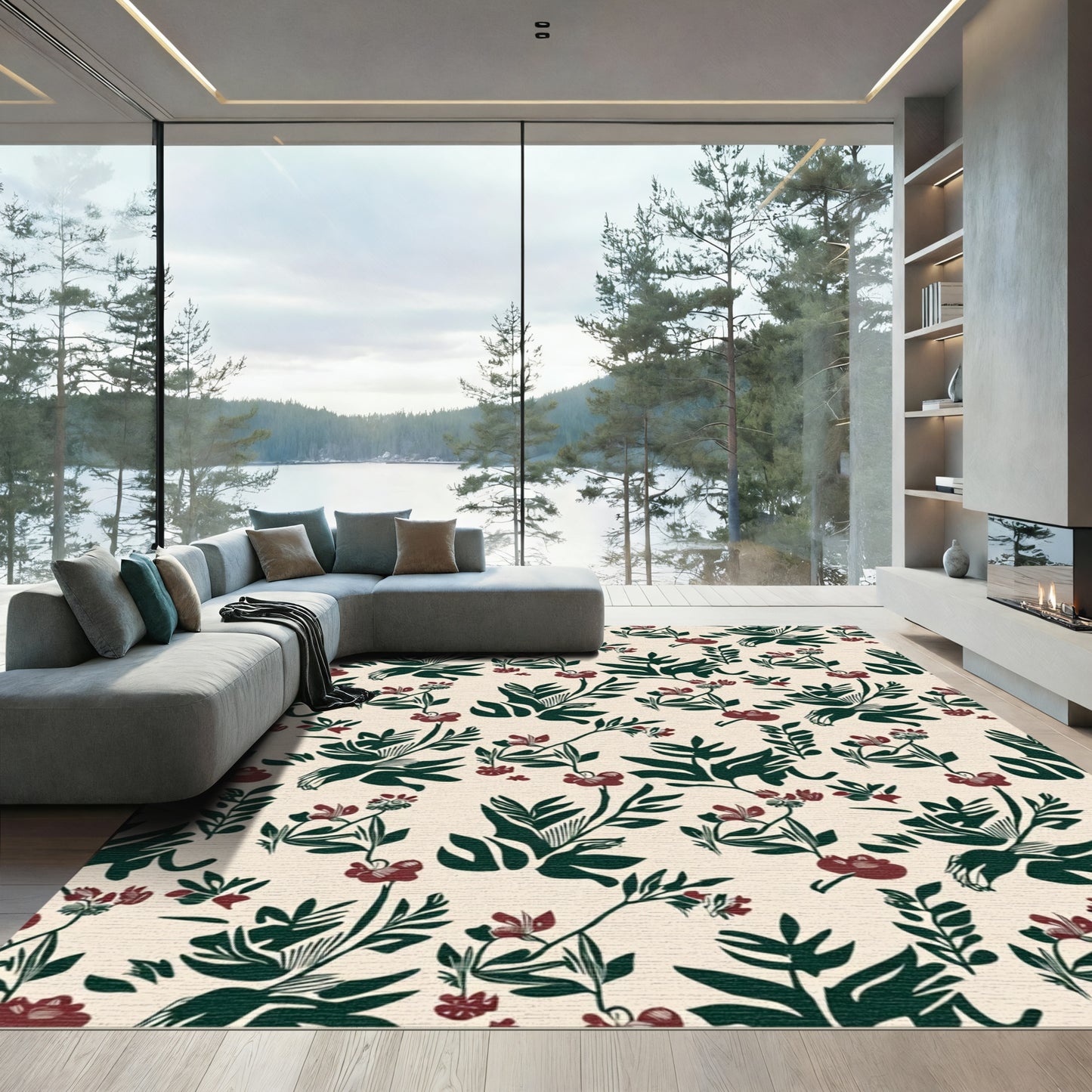 Deep Forest Red Floral Vine Art Rug