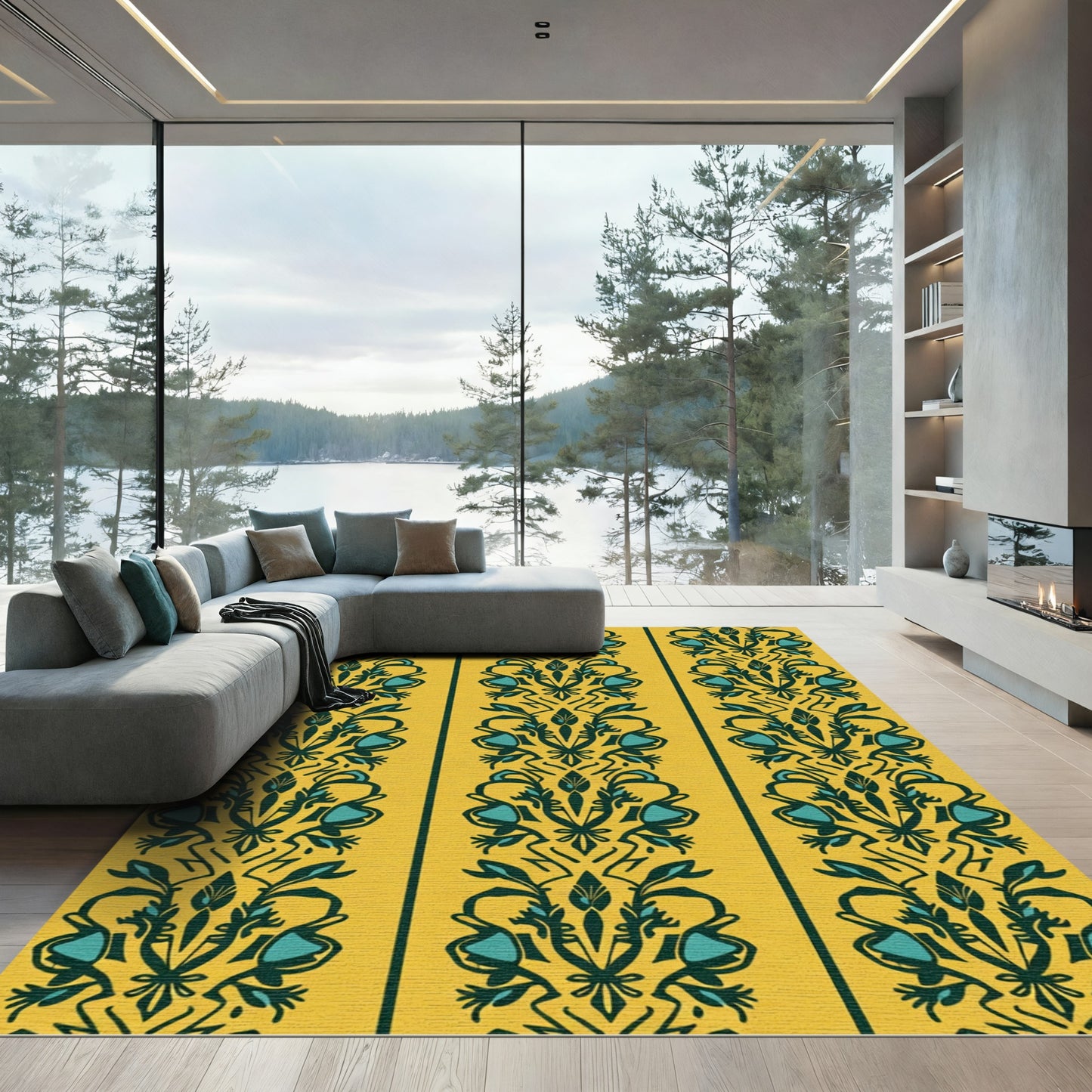 Yellow Teal Floral Tassel Stripe Rug