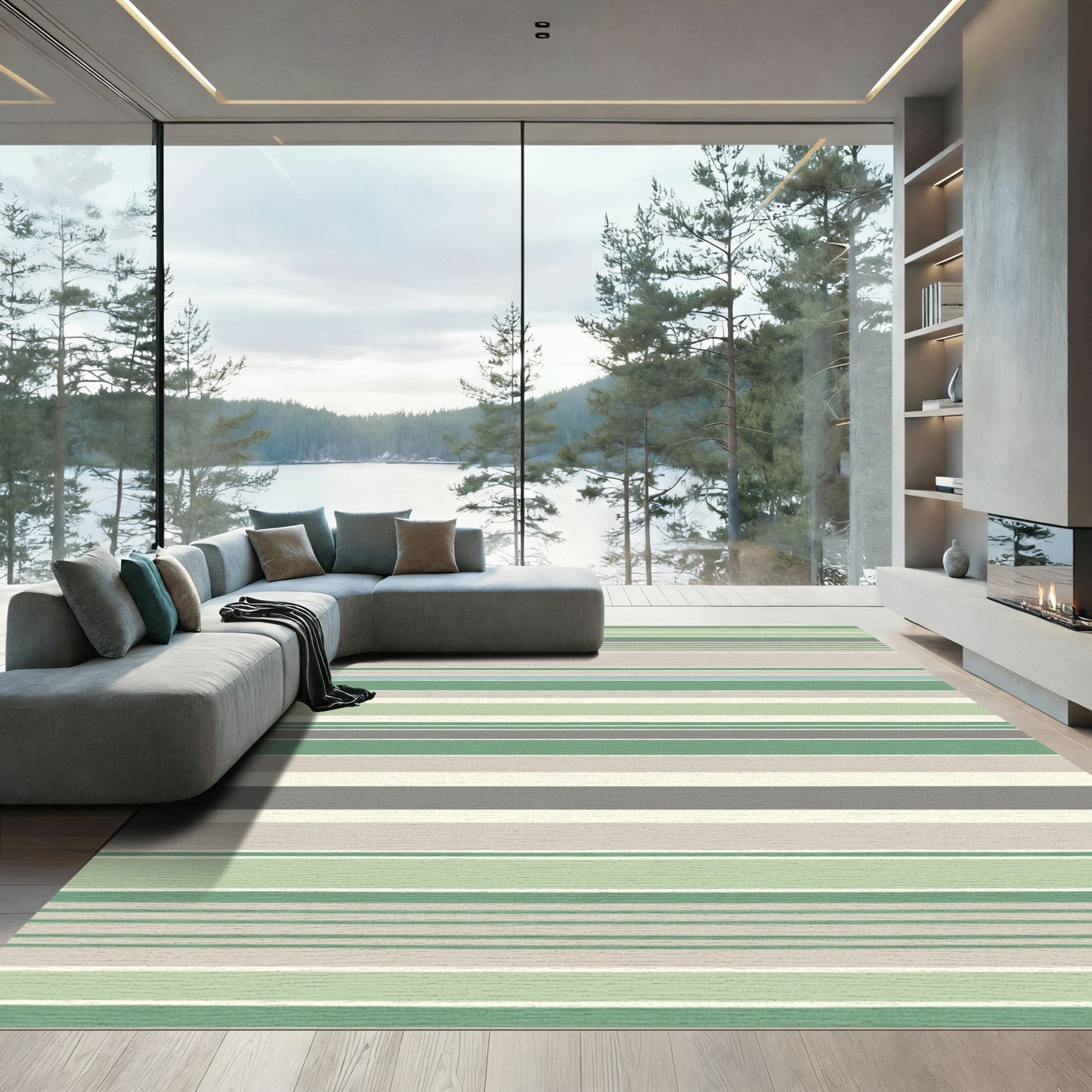 Calming Green Beige Striped Harmony Rug