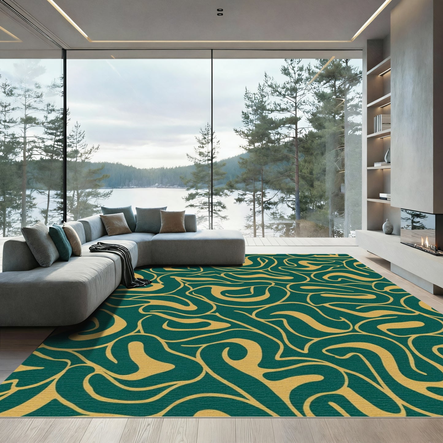 Deep Teal Golden Swirl Abstract Rug