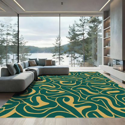 Deep Teal Golden Swirl Abstract Rug