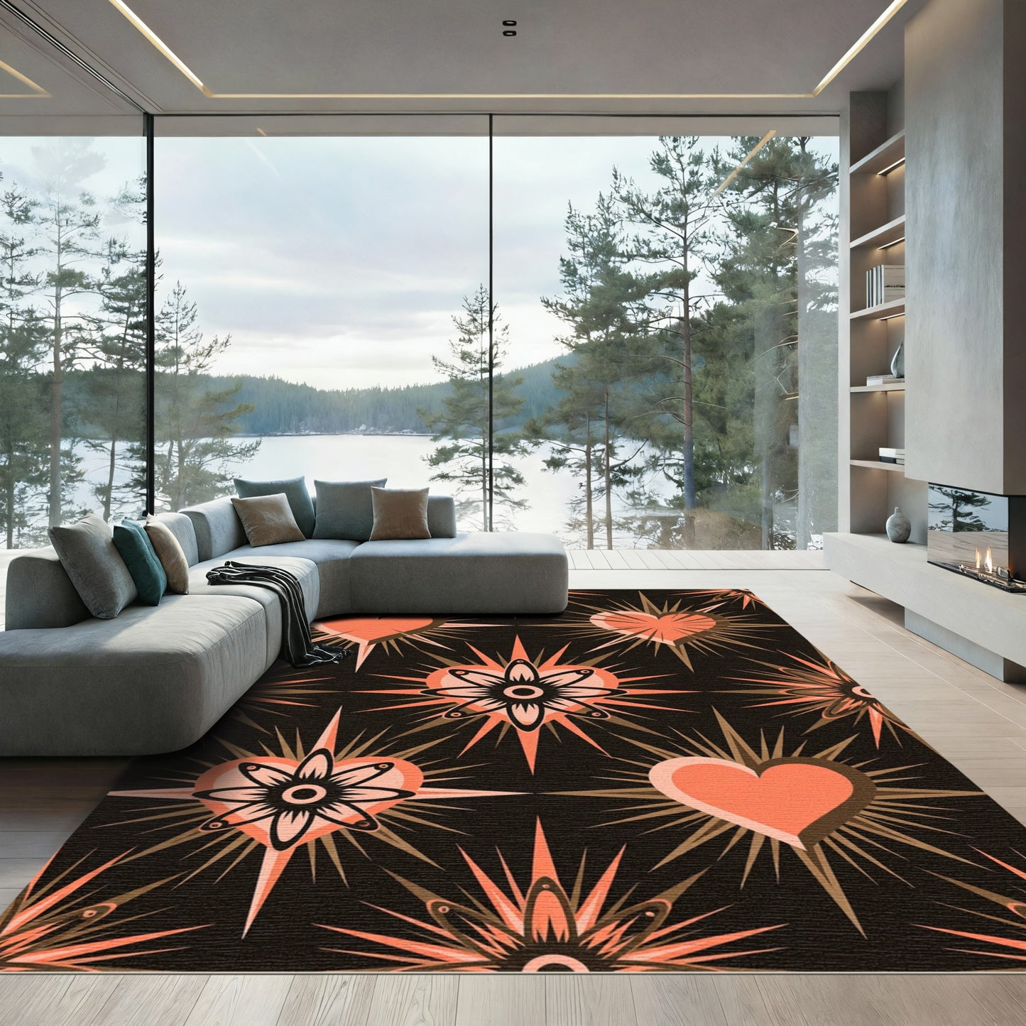 Coral Hearts Bursting Around Centerpiece Rug