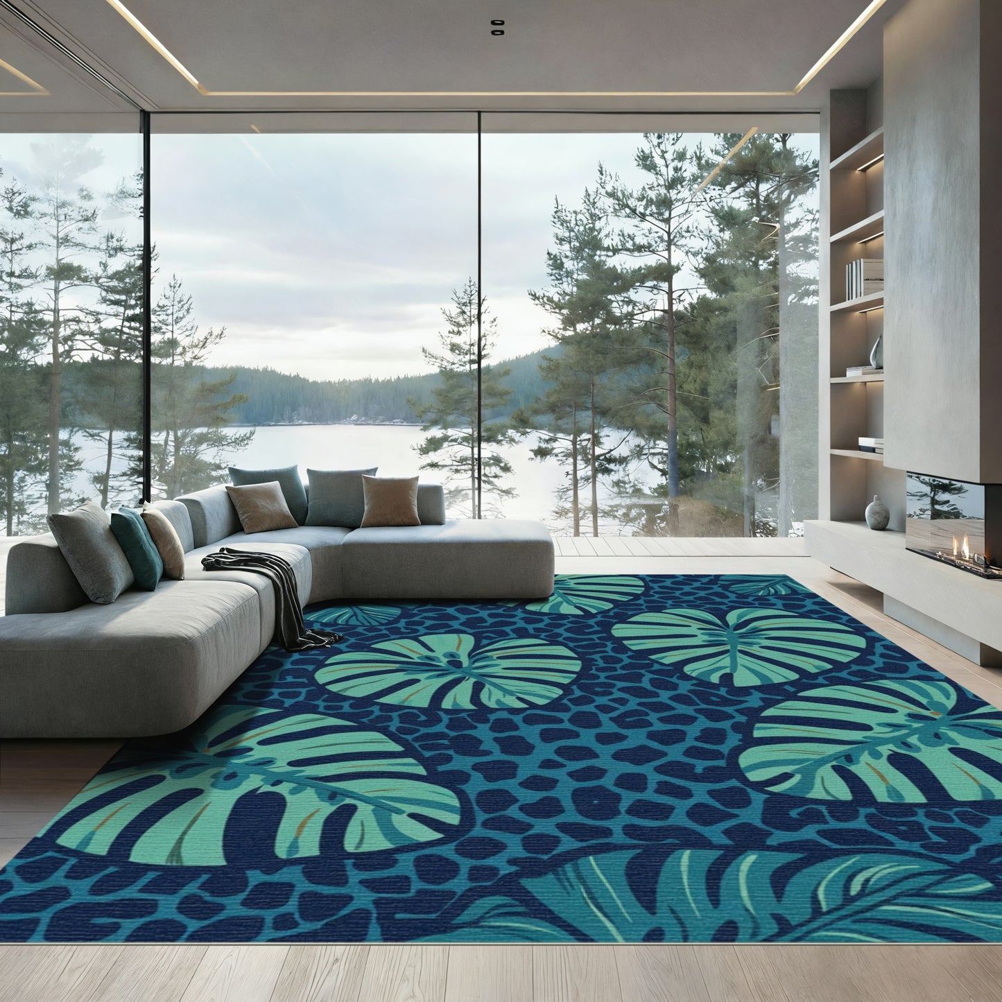 Teal Jungle Leaf Animal Print Rug