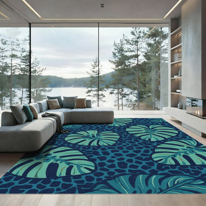 Teal Jungle Leaf Animal Print Rug