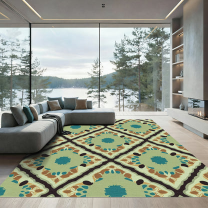 Green Golden Brown Teal Medallion Diamond Rug