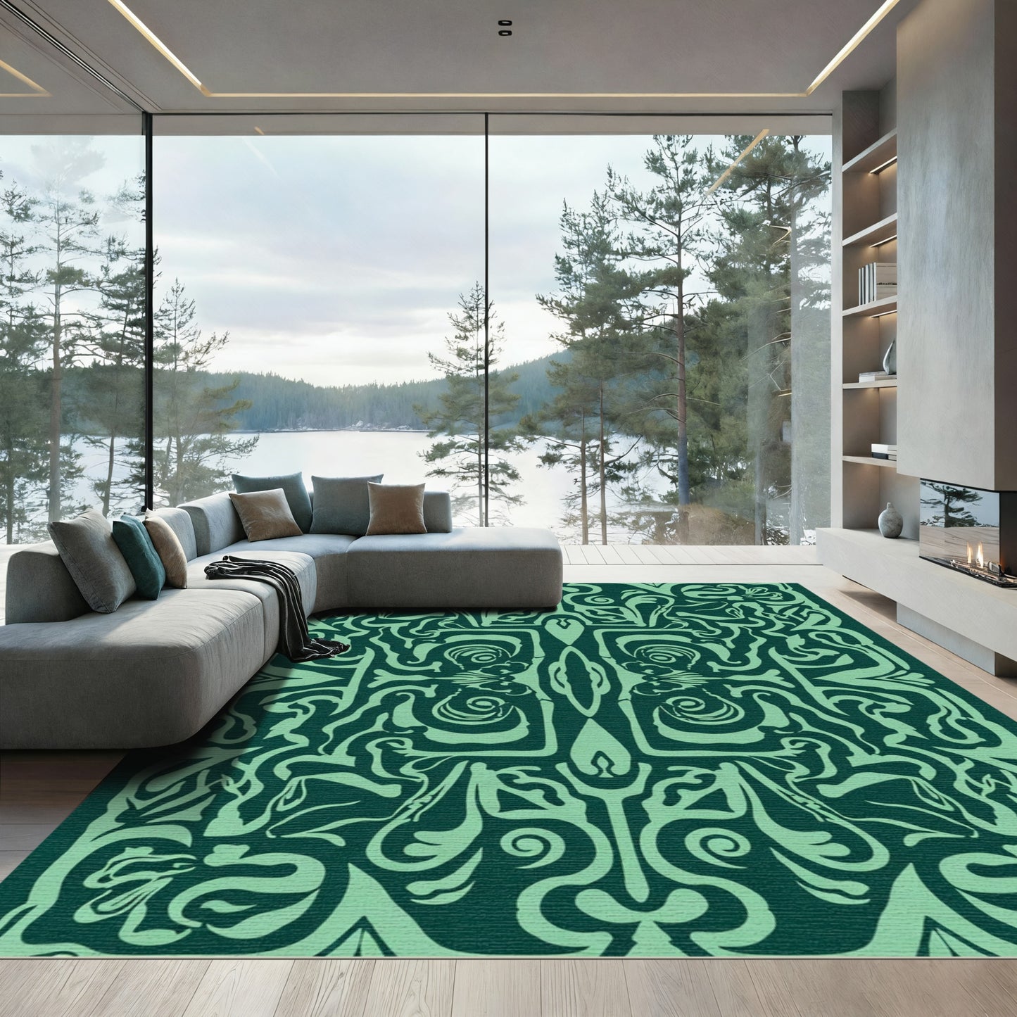 Emerald Green Scrollwork Botanical Rug