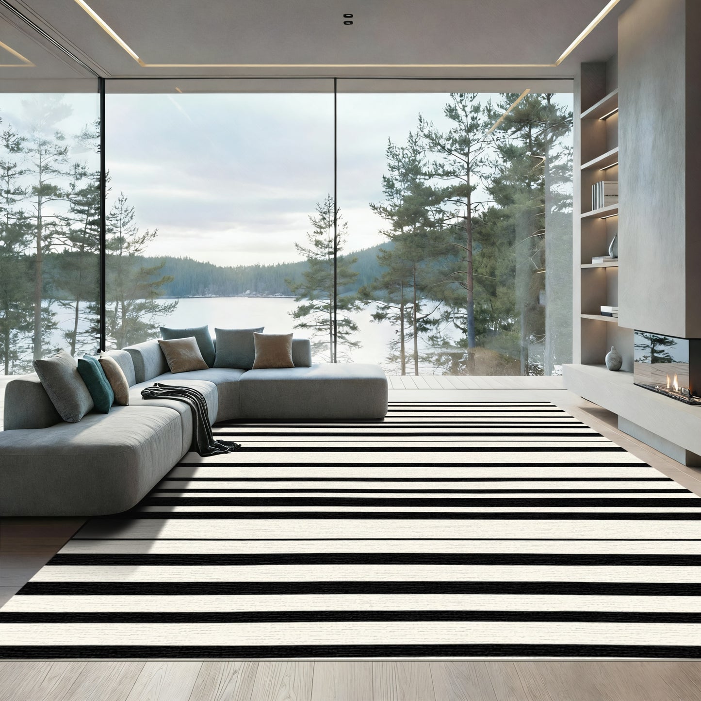 Cream Black Horizontal Stripe Rug