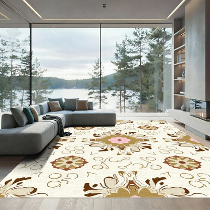 Cream Pink Gold Floral Medallion Repeating Rug
