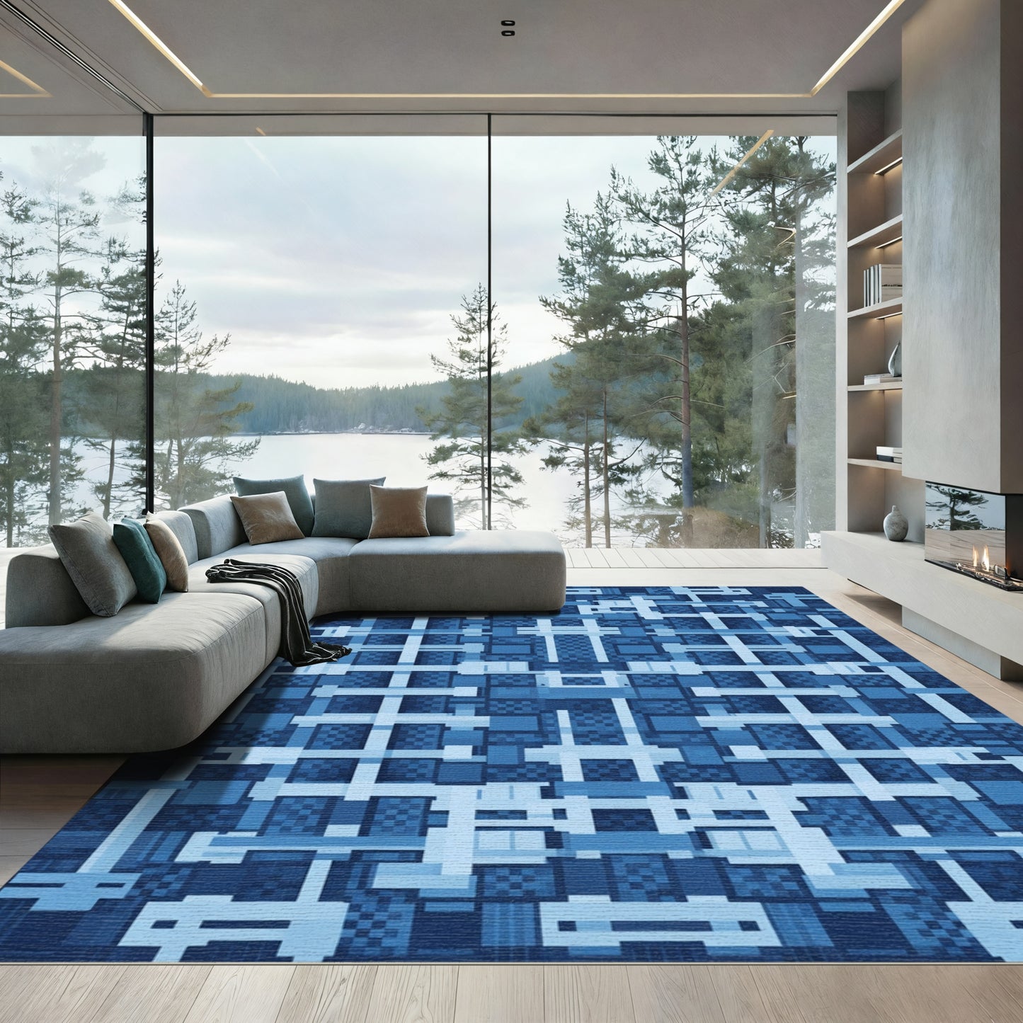 Deep Blue Geometric Grid Overlay Rug