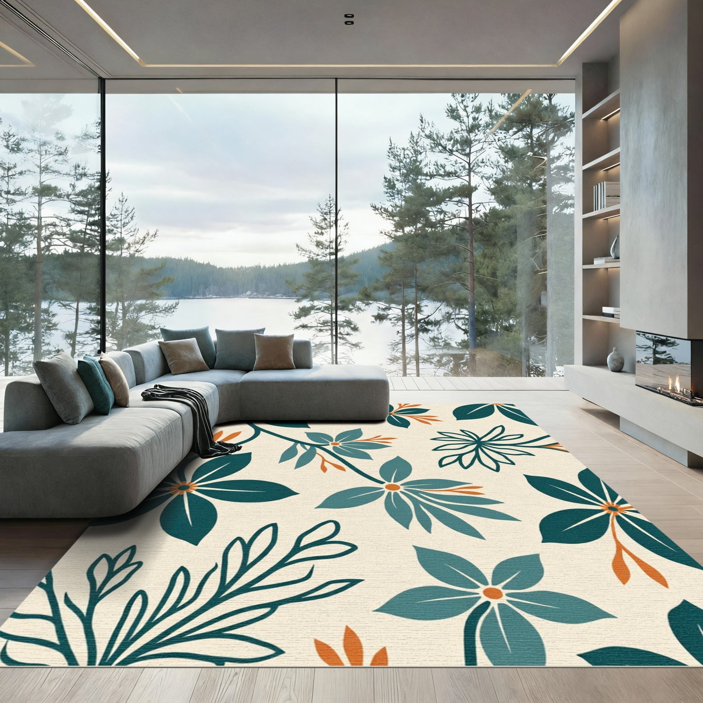 Teal Orange Botanical Floral Arrangement Rug