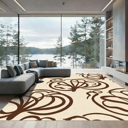 Cream Brown Abstract Floral Swirl Rug