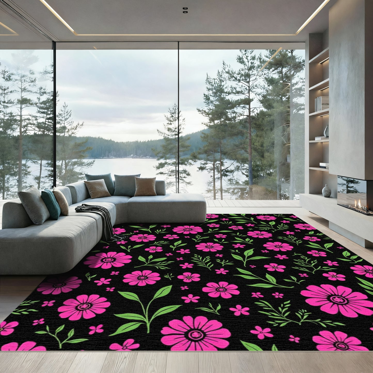 Hot Pink Floral Garden Print Rug