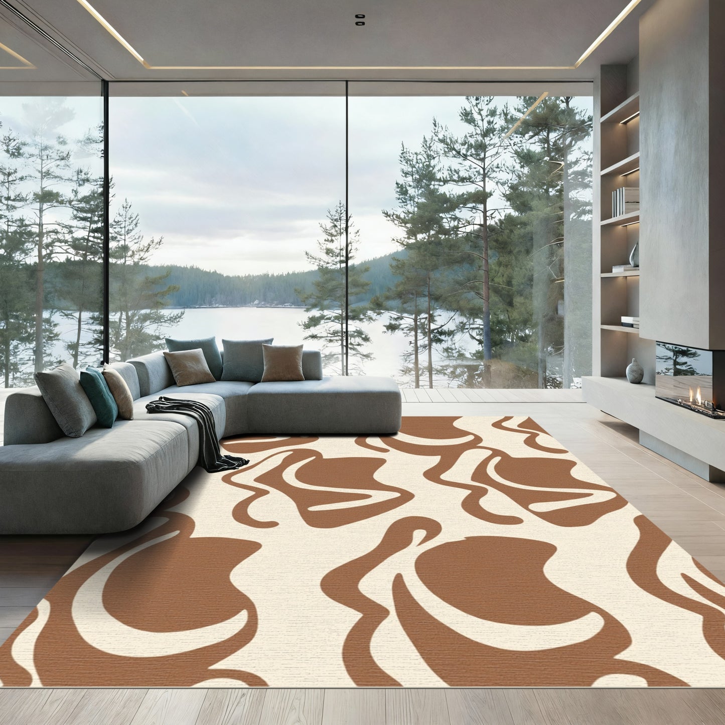 Organic Brown Cream Wavy Abstraction Rug