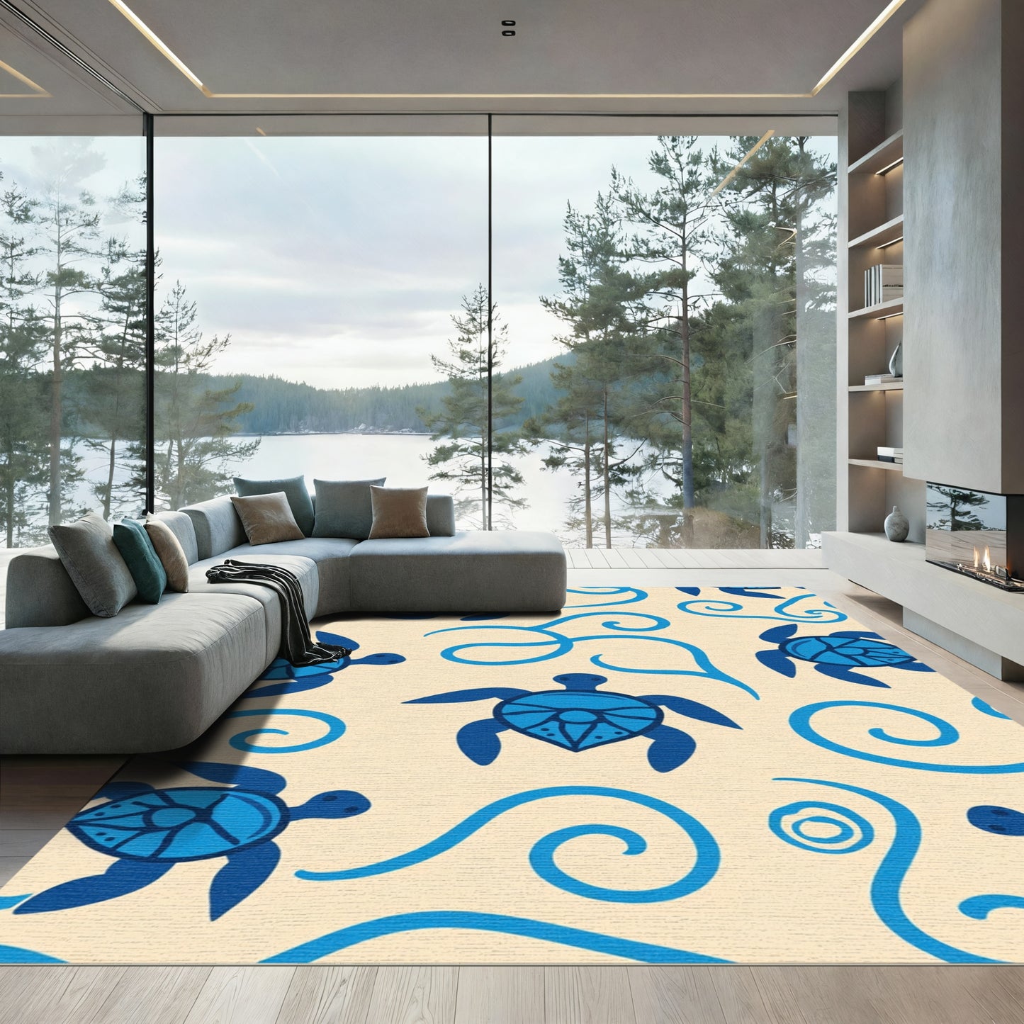 Bright Blue Turtles Coastal Waves Rug