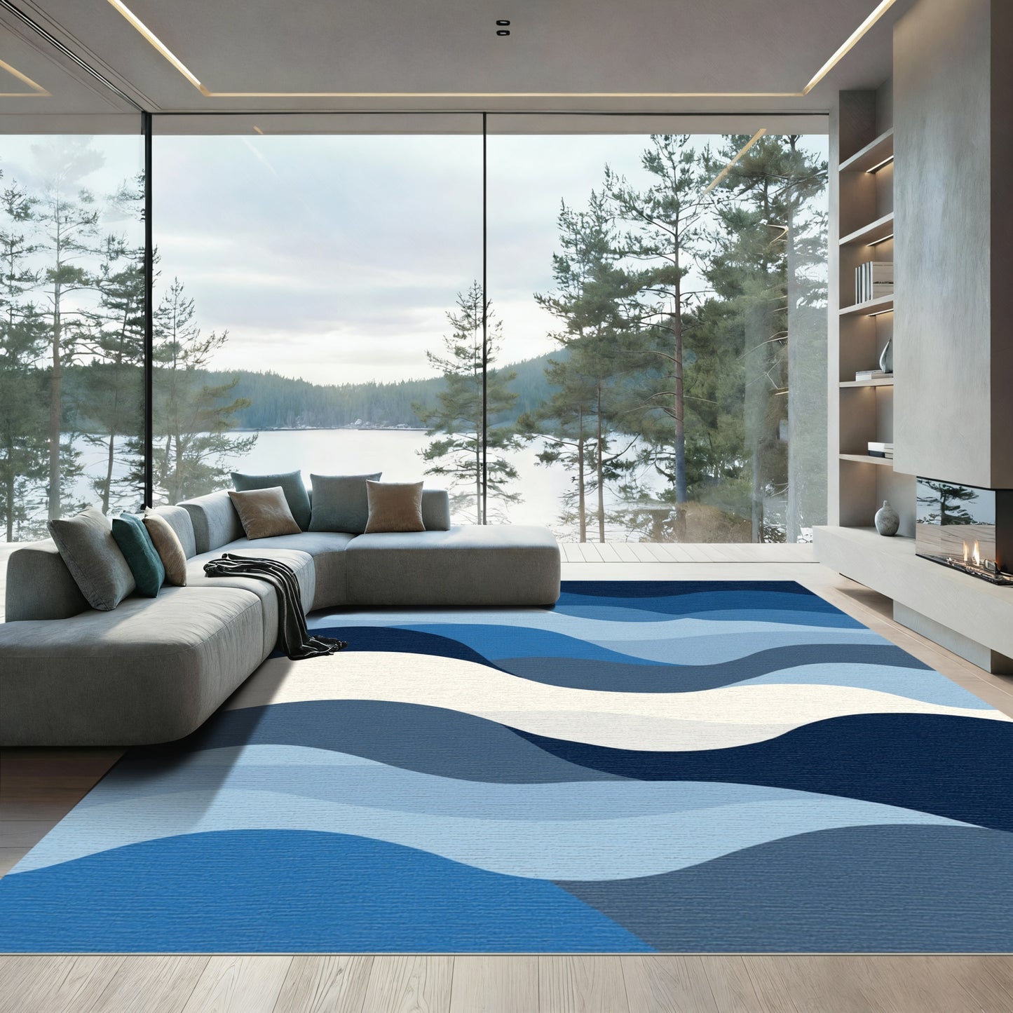 Azure Gradient Wave Abstract Rug