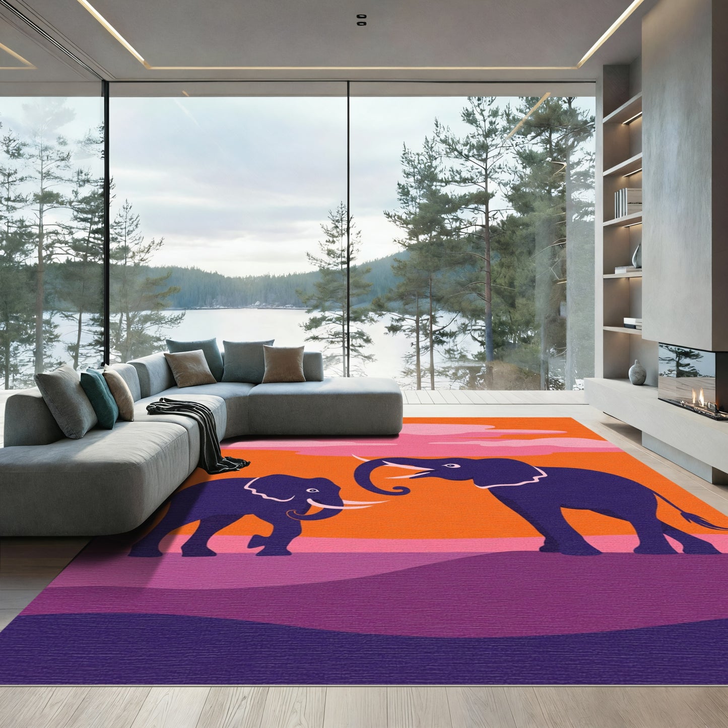 Majestic Elephants Sunset Vista Rug