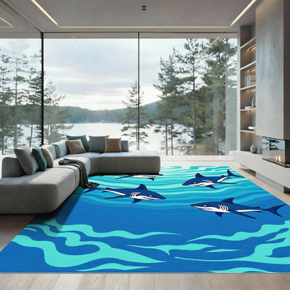 Blue Shark Pod Whimsical Ocean Waves Rug