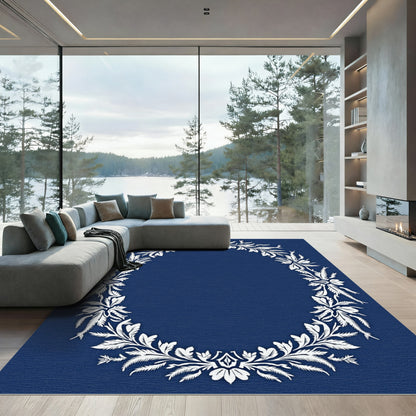 Classic White Floral Wreath Navy Rug