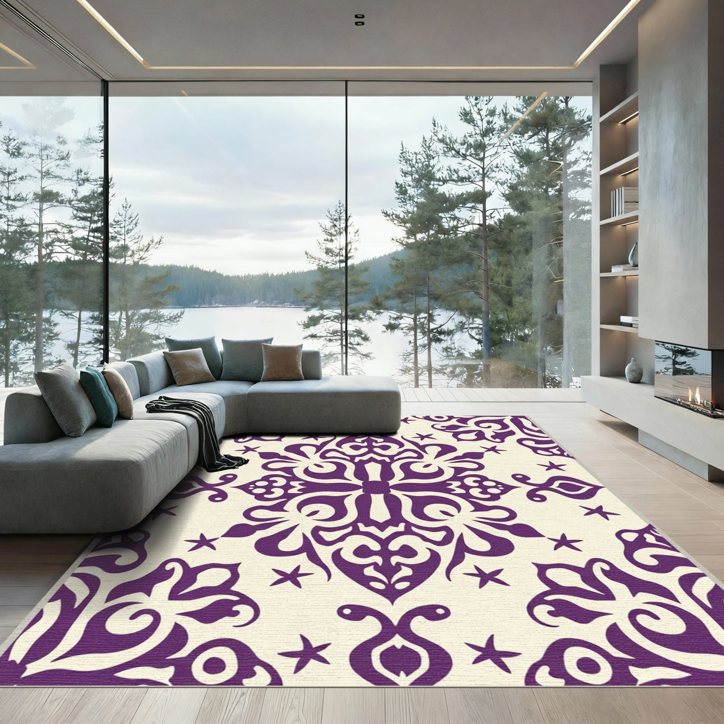 Purple Ivory Floral Medallion Rug