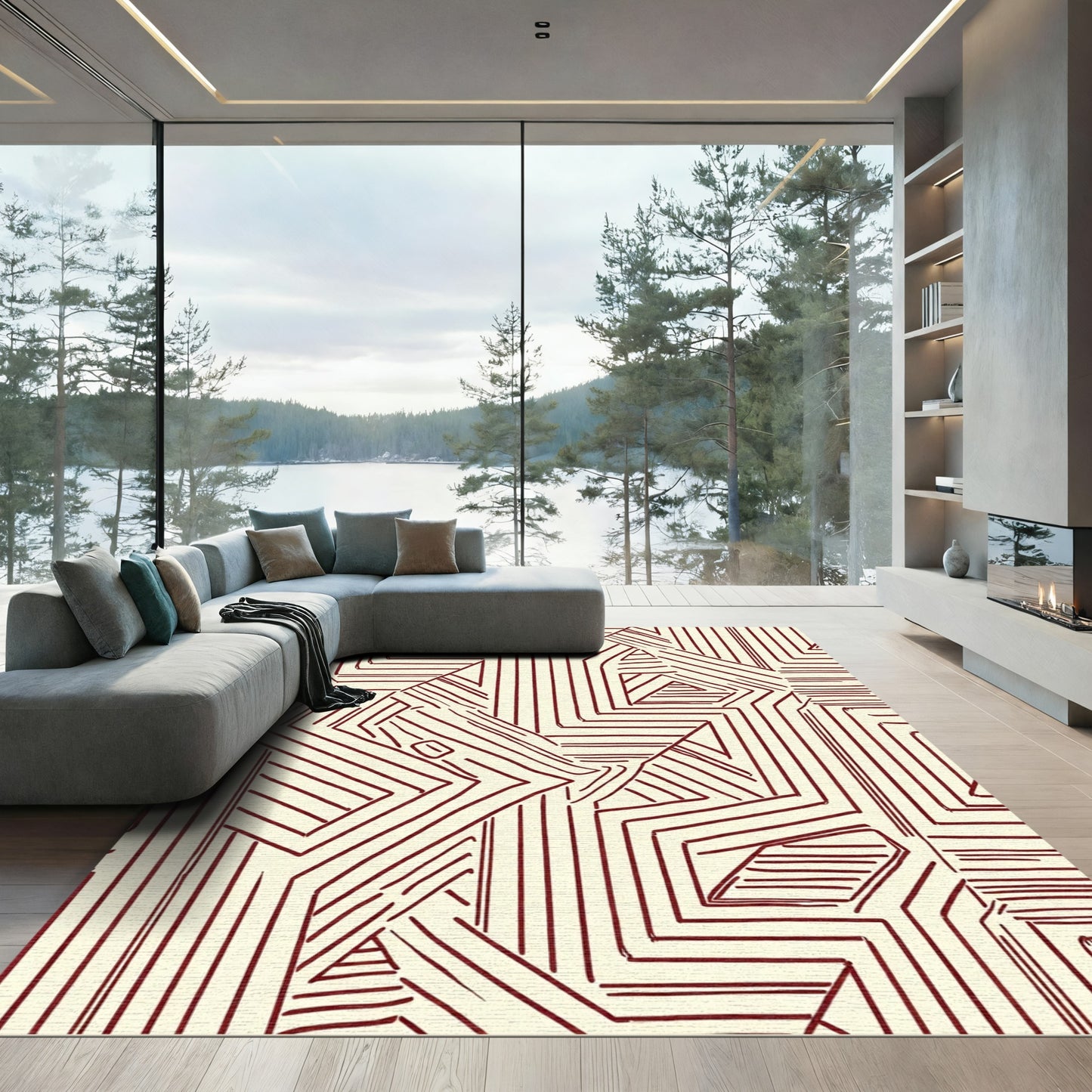 Deep Red Labyrinth Geometric Overlay Rug