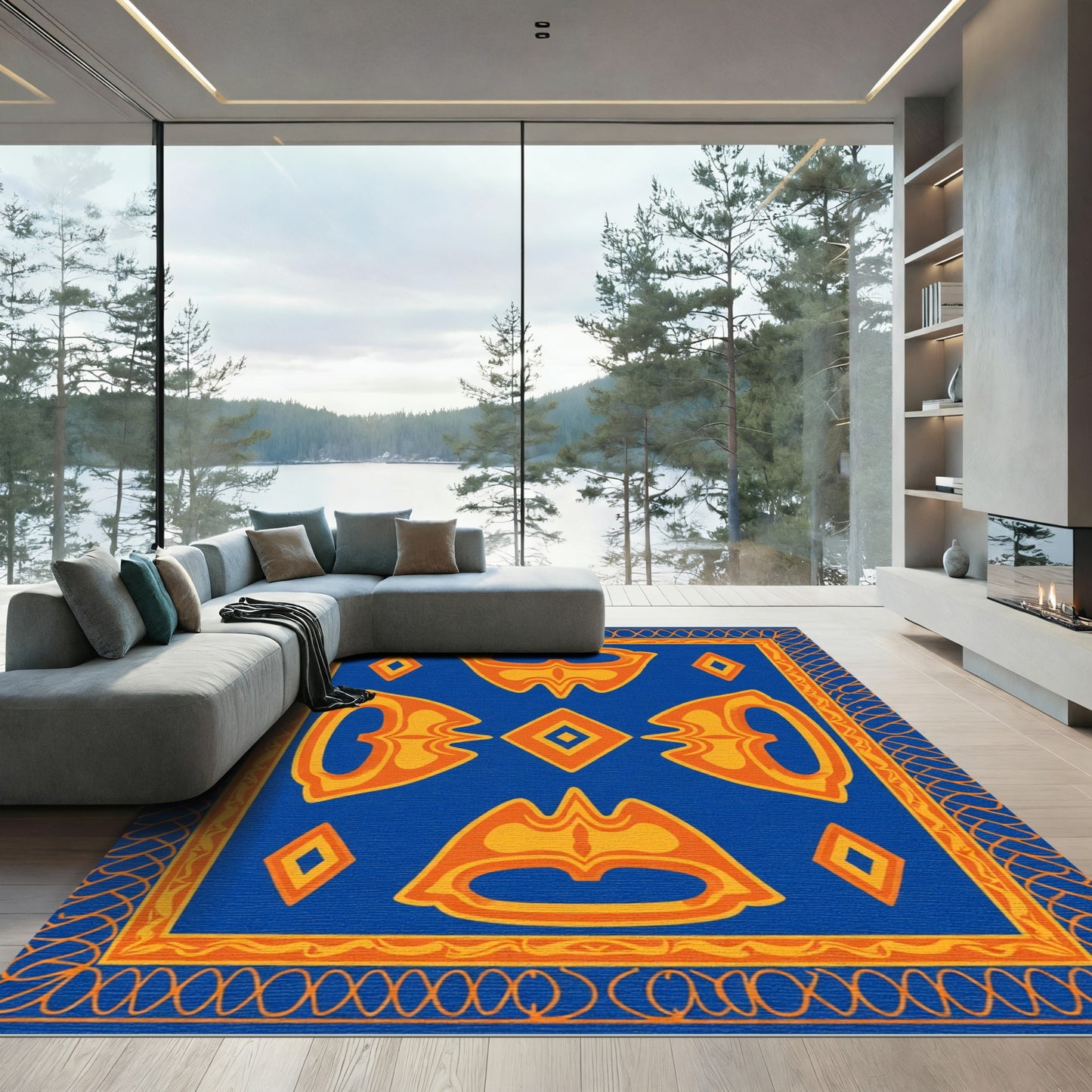 Bold Blue Orange Medallion Tribal Rug