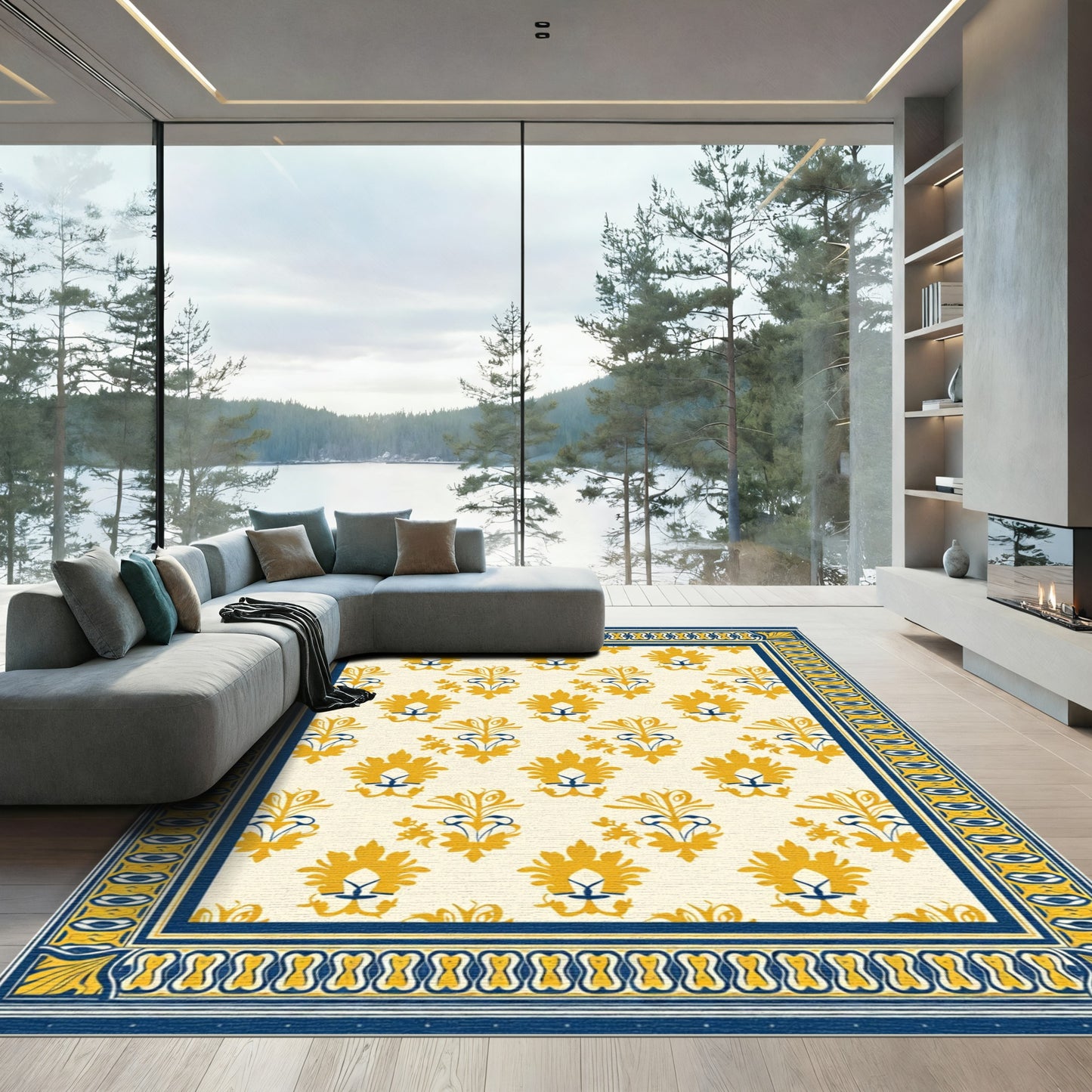 Yellow Blue Floral Damask Border Rug