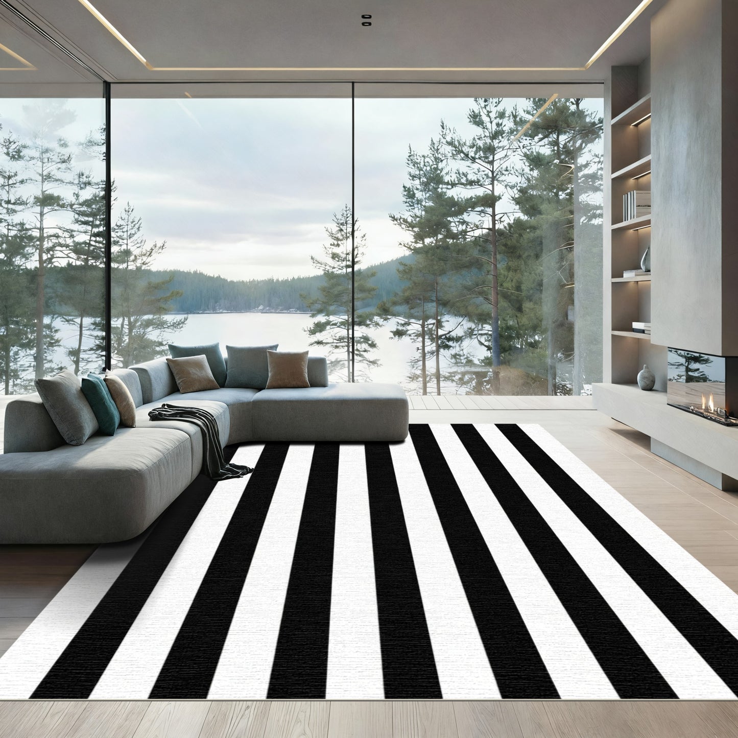 Classic Black White Parallel Lines Rug