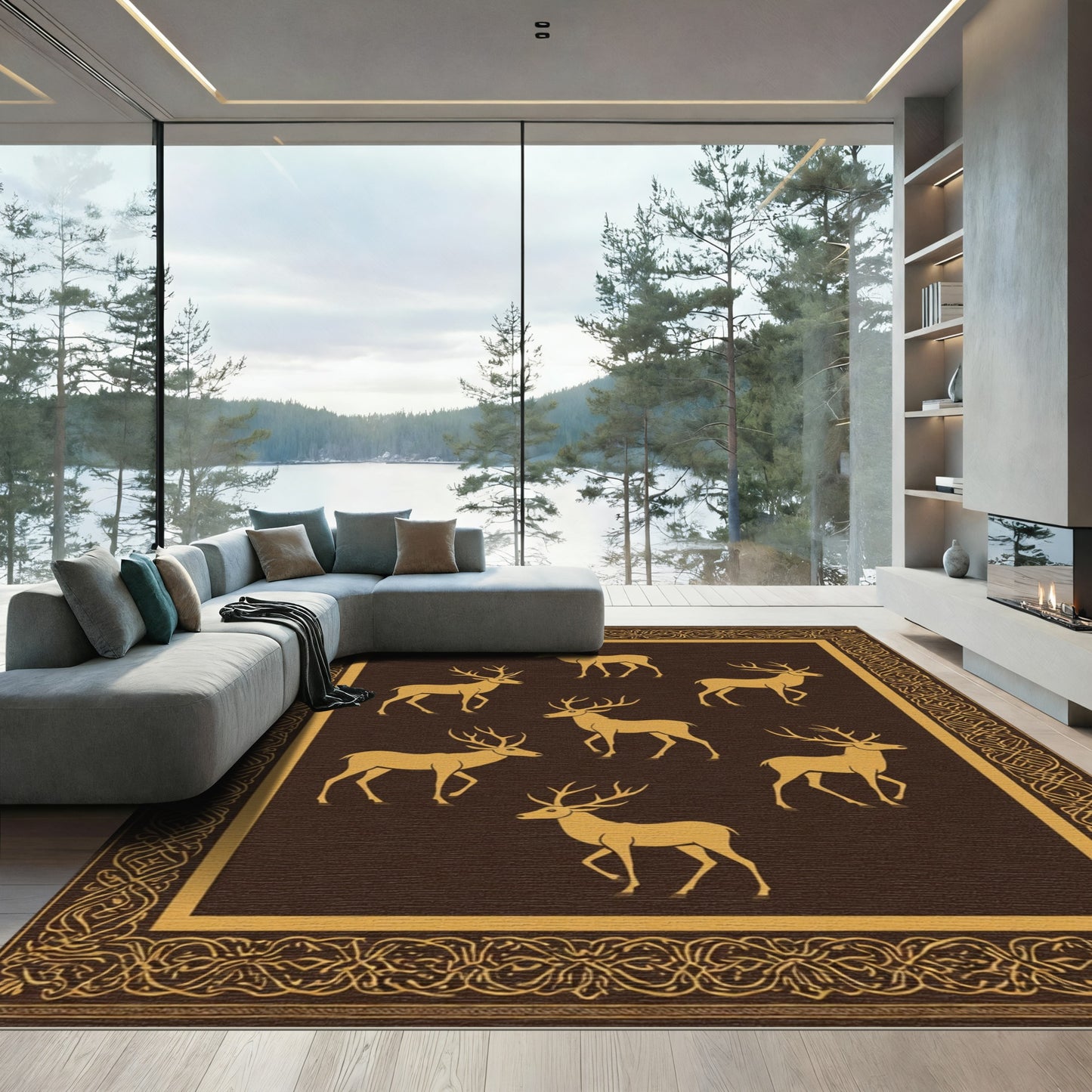 Golden Deer On Brown With Ornate Border Rug