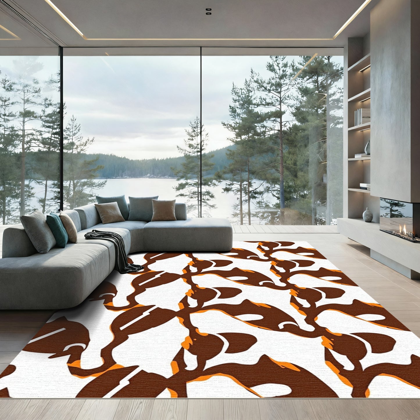 Brown White Orange Fish Swirl Rug