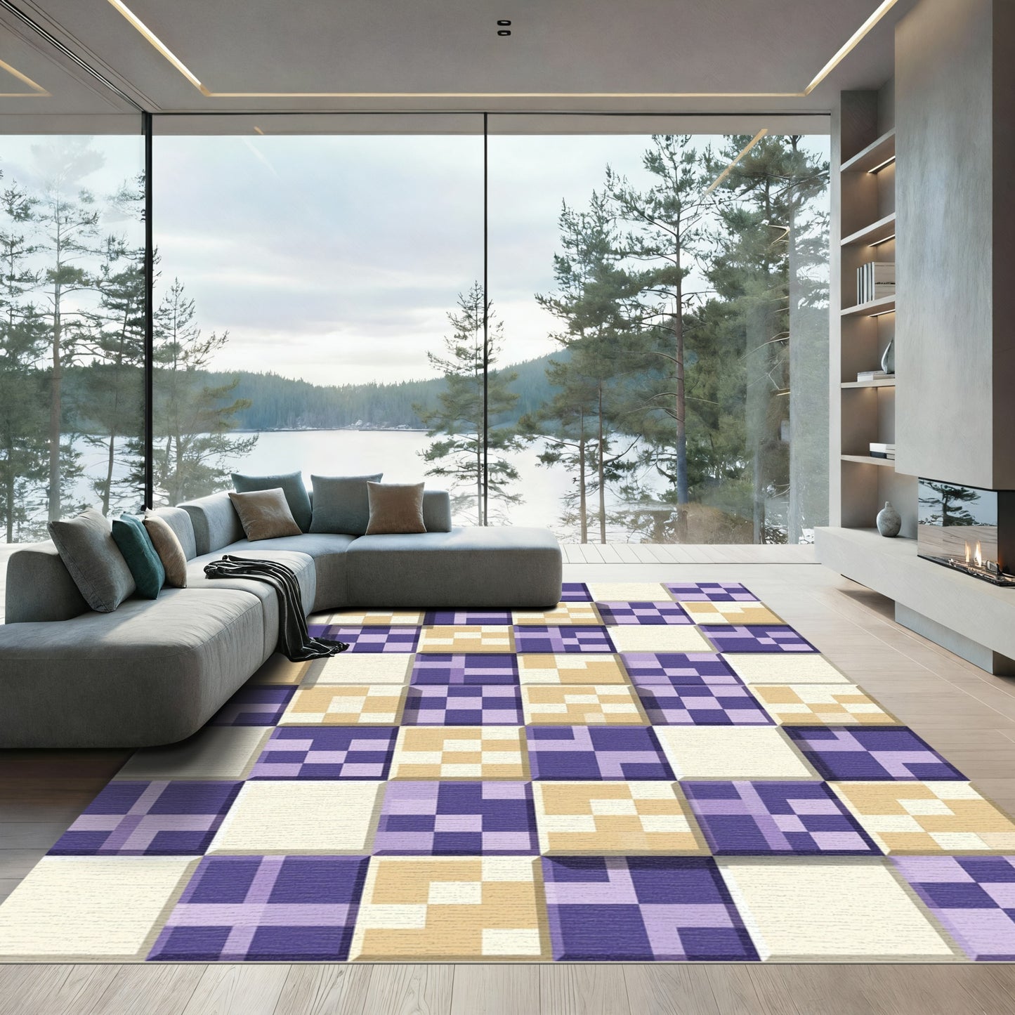 Purple Cream Checkerboard Tile Composition Rug