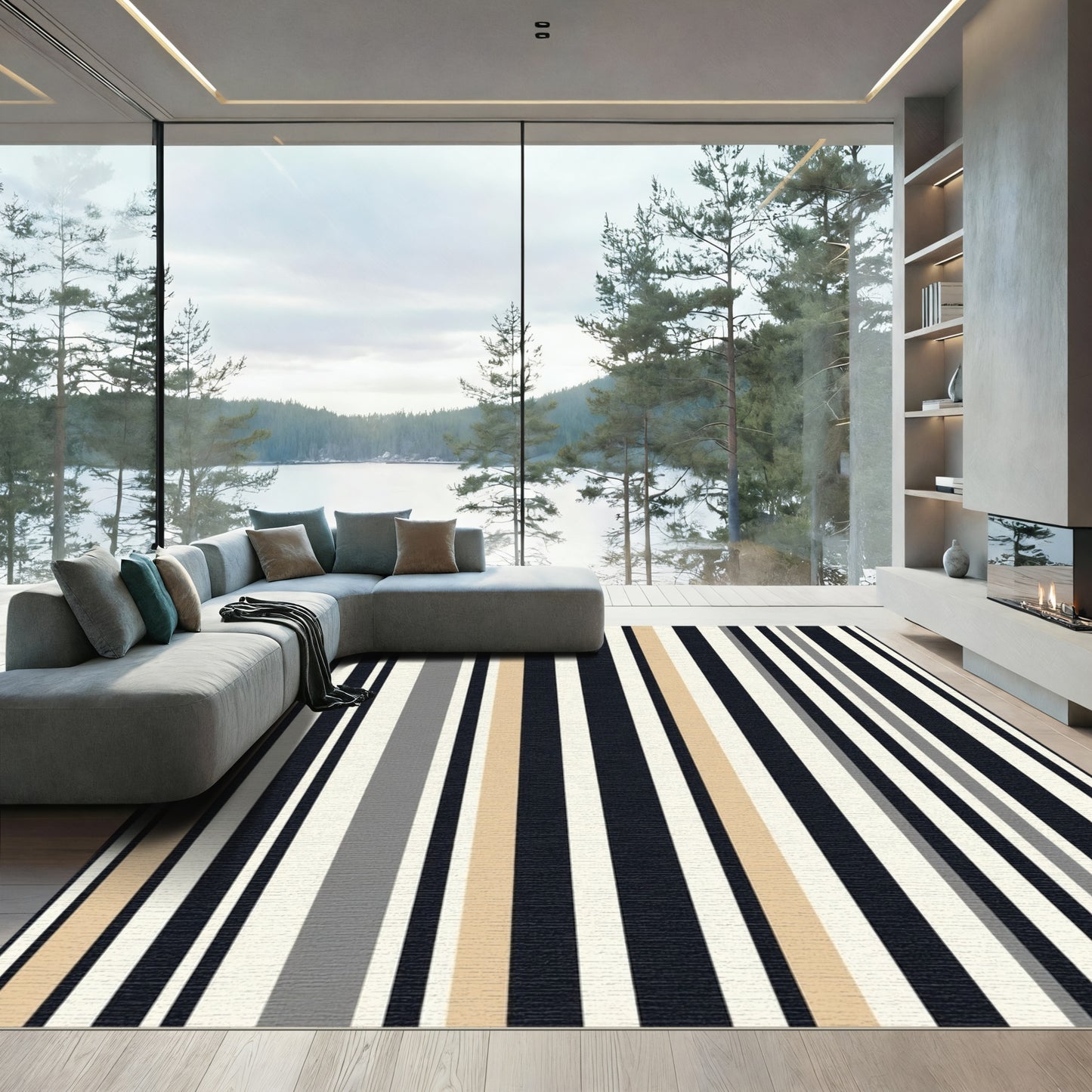 Modern Beige Tan Dark Gray Stripes Rug